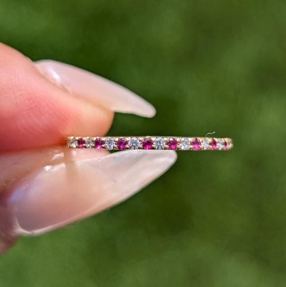 14k Yellow Gold Ruby and Diamond Dainty Band Ring - Picture 1 of 7